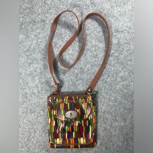 Fossil Brown Crossbody Bag with Orange Polka Dot Lining
